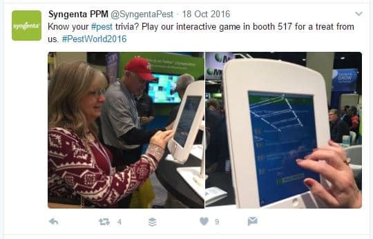 Tweet sent the first day of the trade show from their booth with attendee playing the game